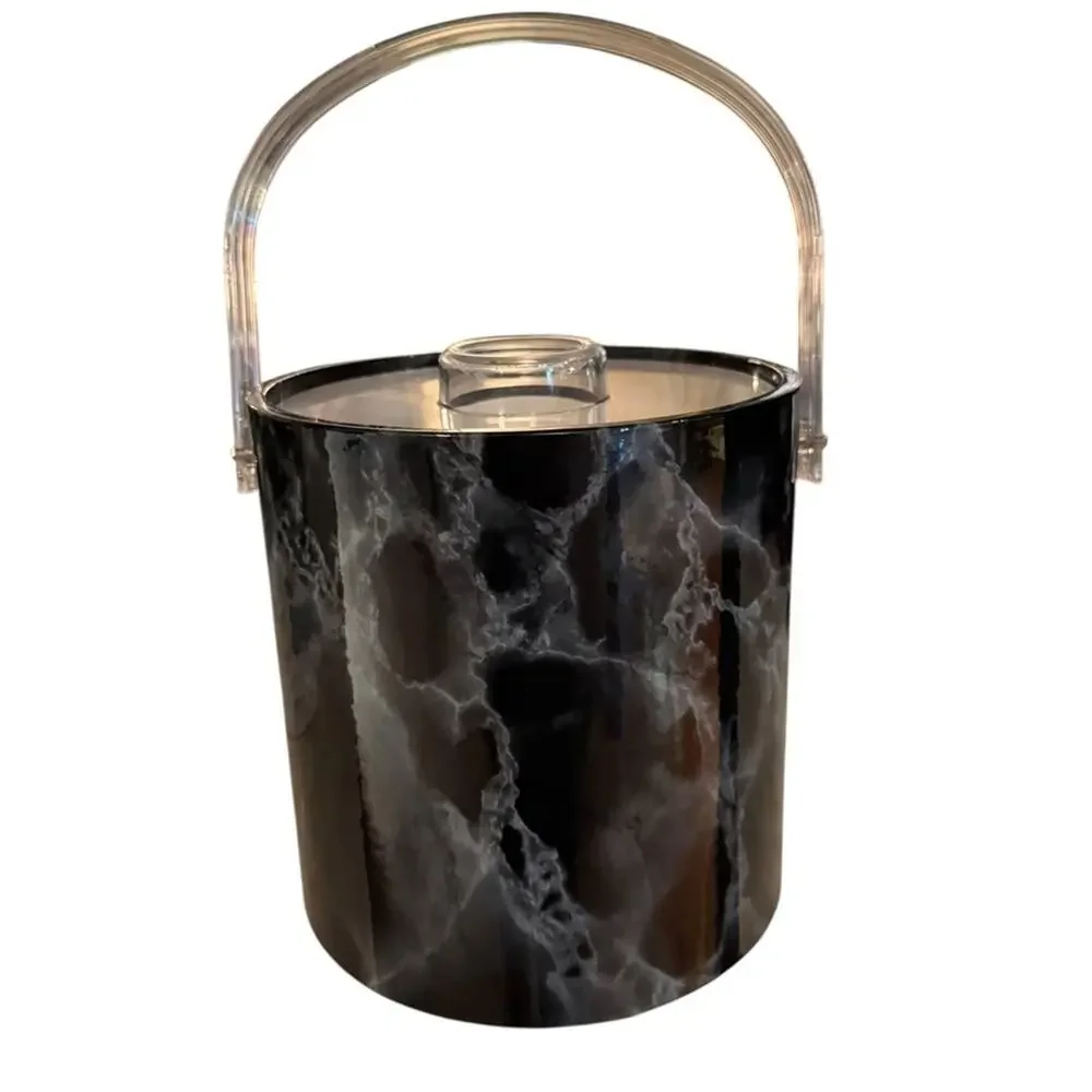 Vintage Black  Marble Vinyl Ice Bucket with Acrylic Lid and Tongs Made in USA